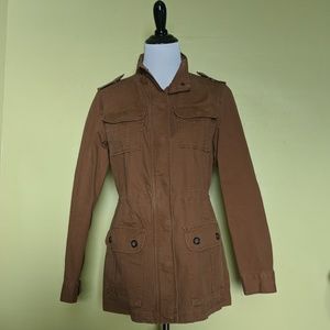 Tan Drawstring Waist Jacket with Zipper + Buttonup